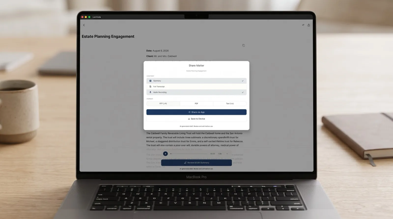 LexVoda export options showing RTF, PDF, TXT, and M4A formats for seamless legal workflow integration